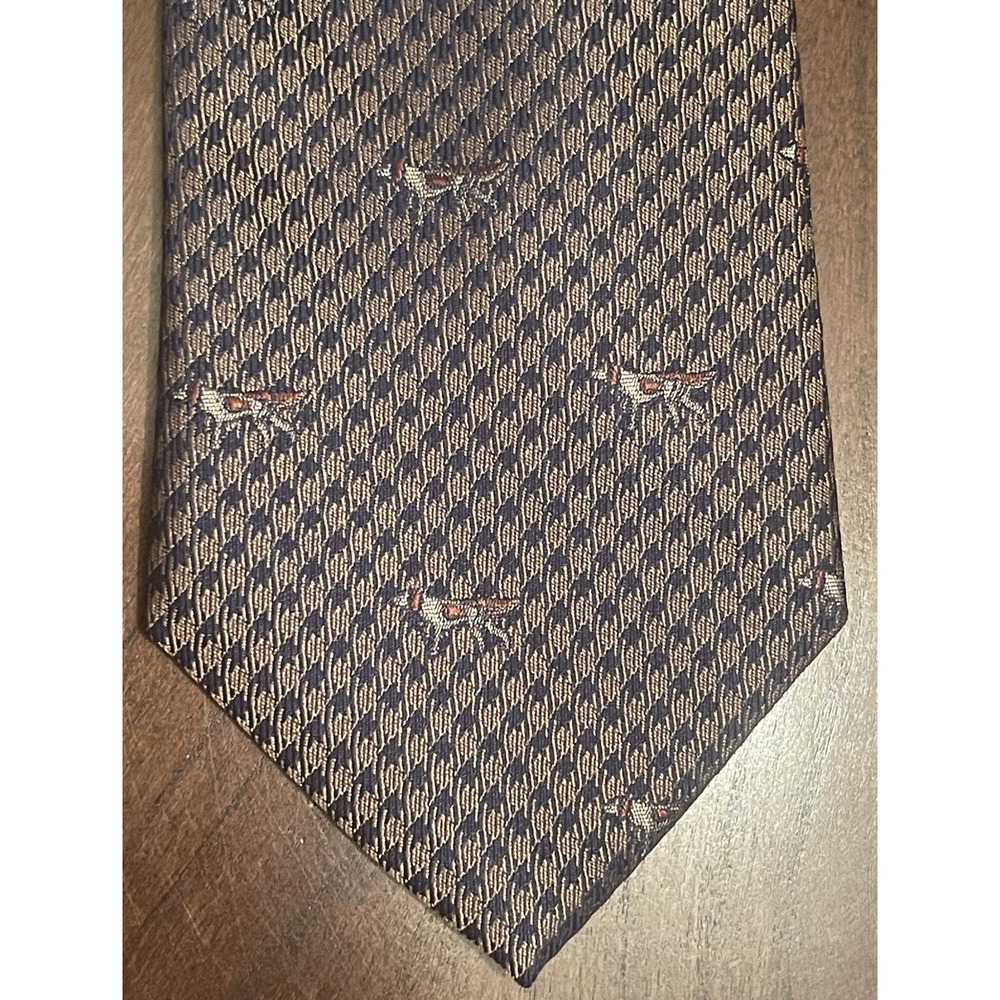 Merona Brown Blue 100% Silk Men’s Neck Tie Made In China Houndstooth Dog Print